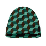Dark Green Geometric Cube Pattern Print Beanie