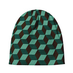 Dark Green Geometric Cube Pattern Print Beanie