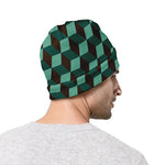 Dark Green Geometric Cube Pattern Print Beanie