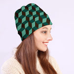 Dark Green Geometric Cube Pattern Print Beanie