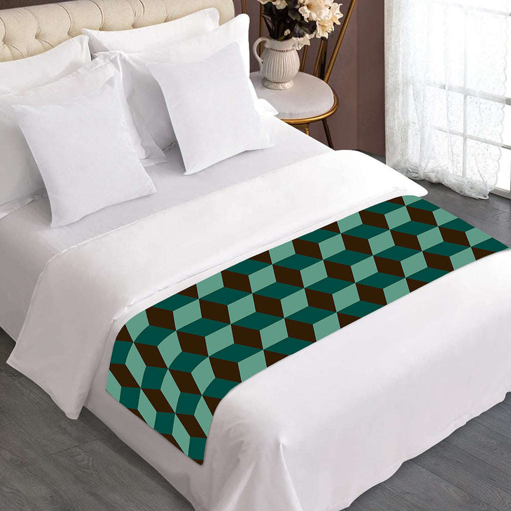 Dark Green Geometric Cube Pattern Print Bed Runner