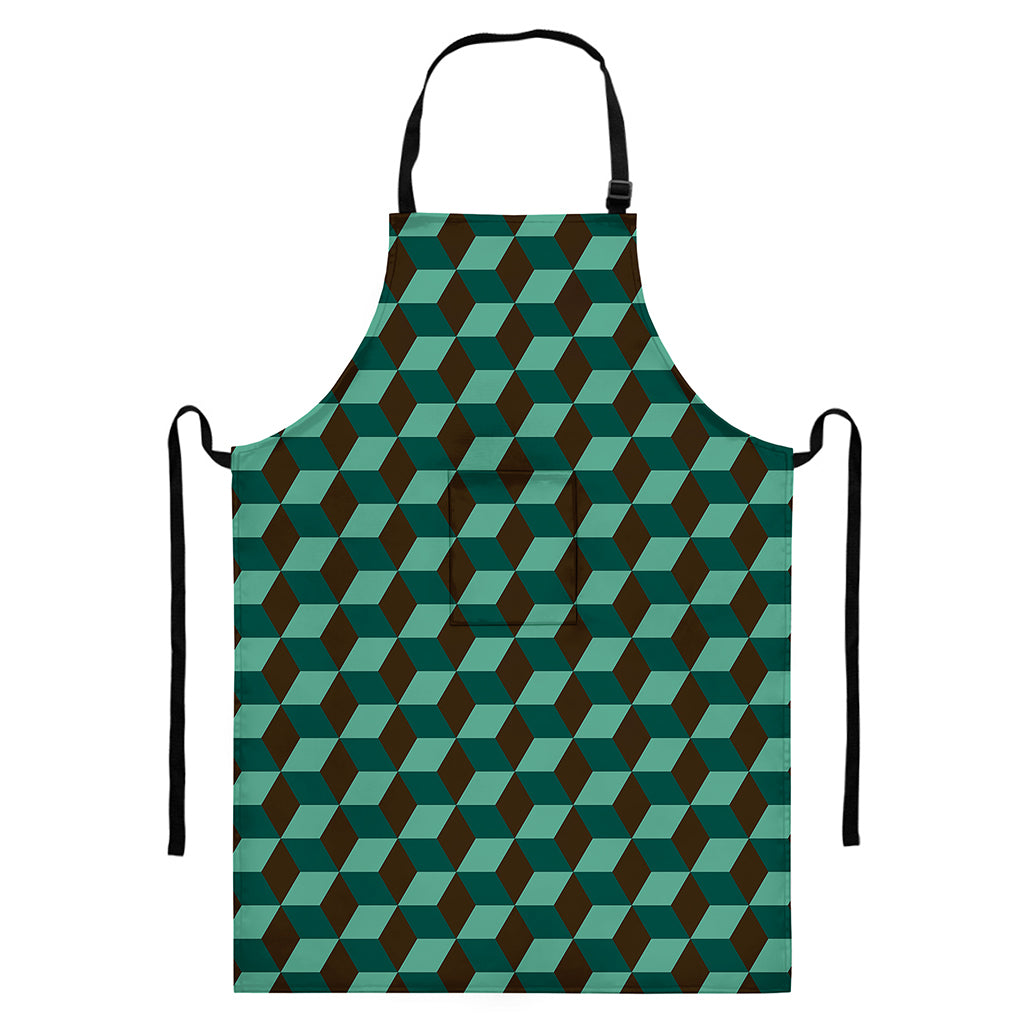 Dark Green Geometric Cube Pattern Print Bib Apron With Pocket