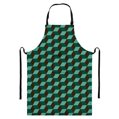 Dark Green Geometric Cube Pattern Print Bib Apron With Pocket