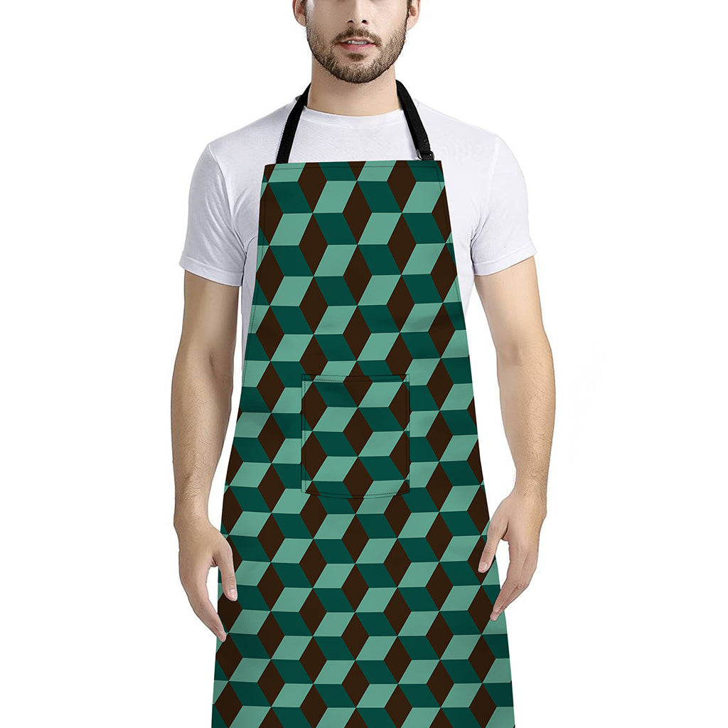 Dark Green Geometric Cube Pattern Print Bib Apron With Pocket