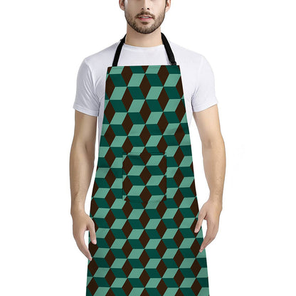 Dark Green Geometric Cube Pattern Print Bib Apron With Pocket