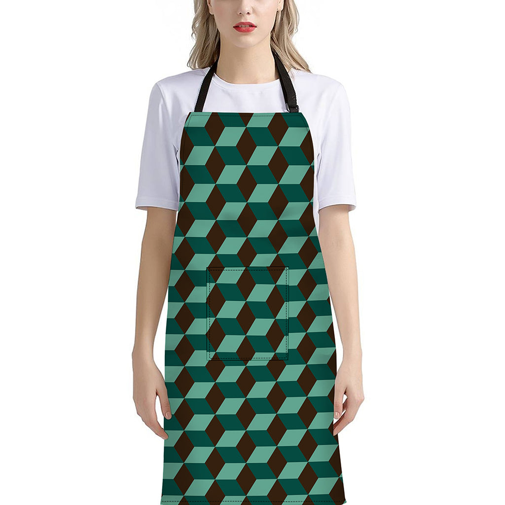 Dark Green Geometric Cube Pattern Print Bib Apron With Pocket