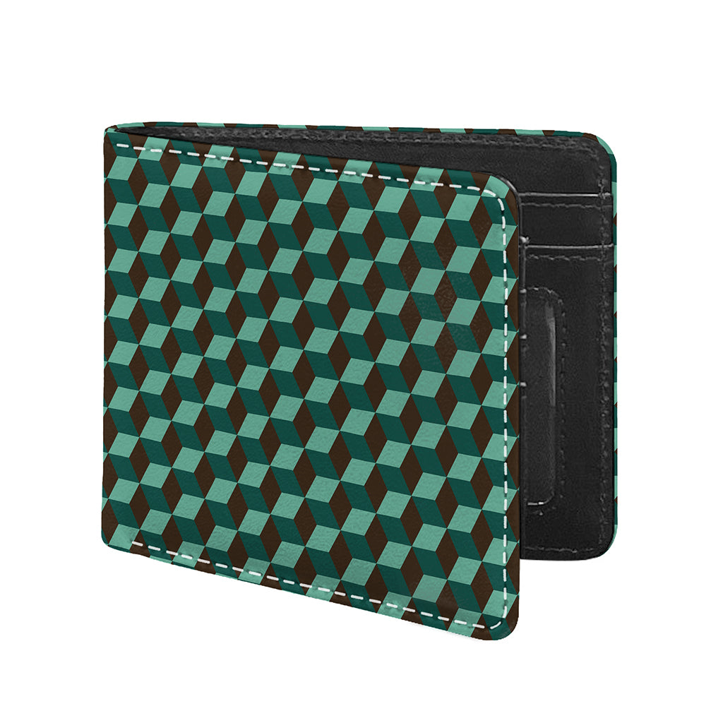 Dark Green Geometric Cube Pattern Print Bifold Wallet