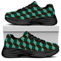 Dark Green Geometric Cube Pattern Print Black Chunky Shoes