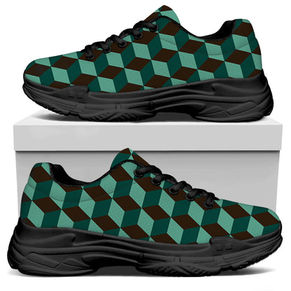 Dark Green Geometric Cube Pattern Print Black Chunky Shoes