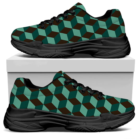 Dark Green Geometric Cube Pattern Print Black Chunky Shoes