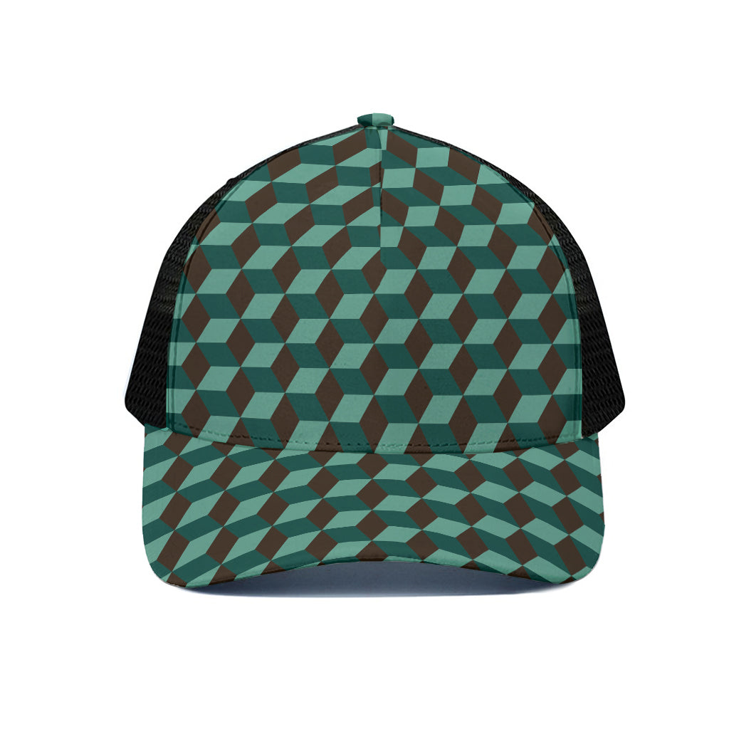 Dark Green Geometric Cube Pattern Print Black Mesh Trucker Cap
