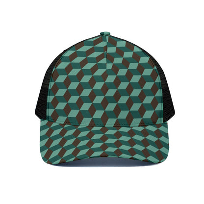 Dark Green Geometric Cube Pattern Print Black Mesh Trucker Cap
