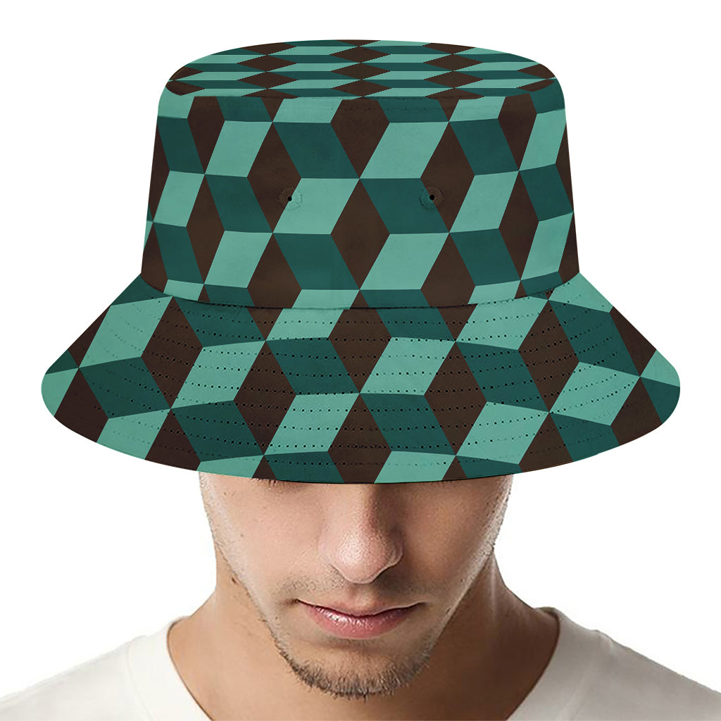Dark Green Geometric Cube Pattern Print Bucket Hat