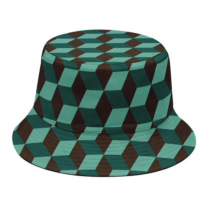 Dark Green Geometric Cube Pattern Print Bucket Hat