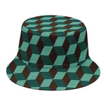 Dark Green Geometric Cube Pattern Print Bucket Hat