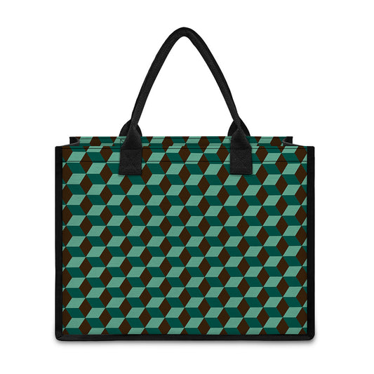 Dark Green Geometric Cube Pattern Print Canvas Tote Bag