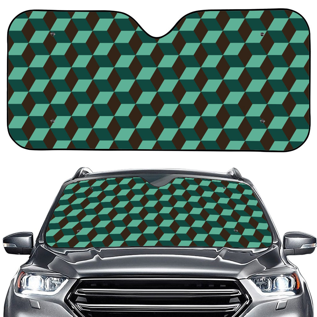 Dark Green Geometric Cube Pattern Print Car Windshield Sun Shade