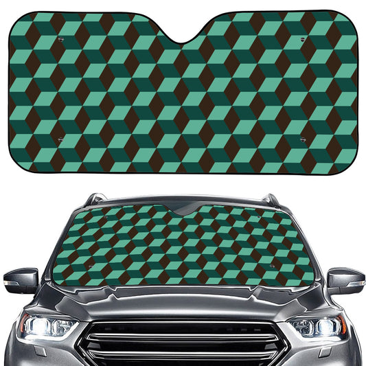 Dark Green Geometric Cube Pattern Print Car Windshield Sun Shade