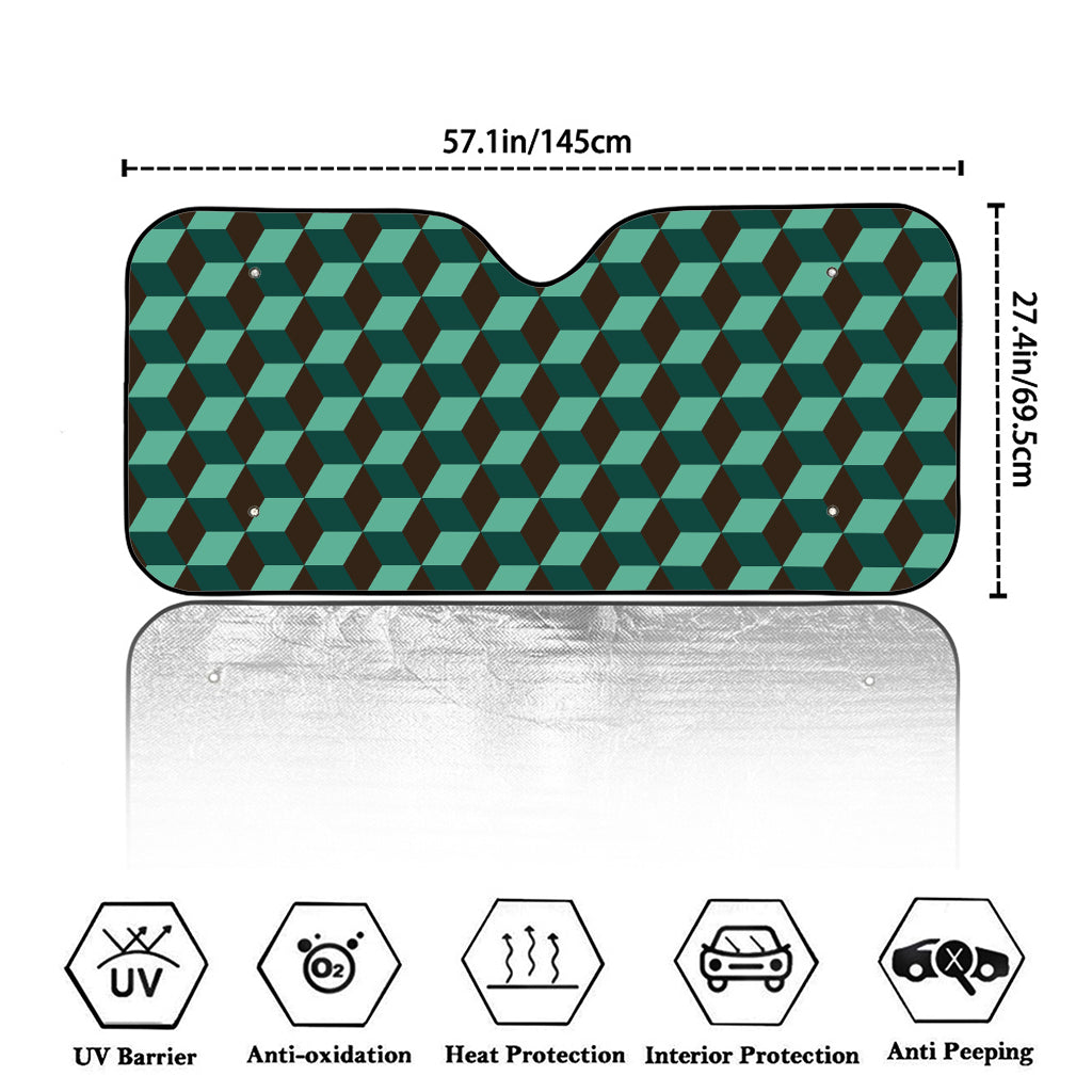 Dark Green Geometric Cube Pattern Print Car Windshield Sun Shade