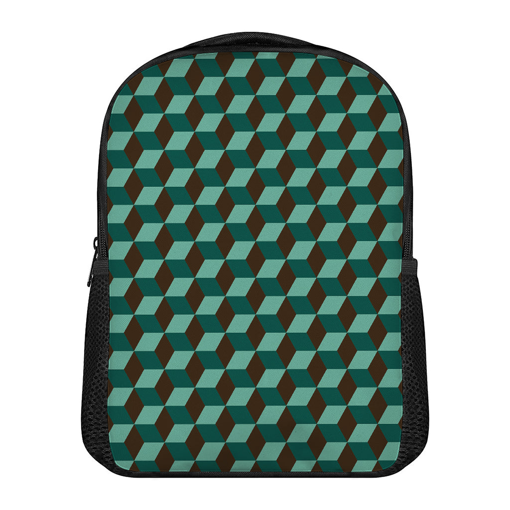 Dark Green Geometric Cube Pattern Print Casual Backpack