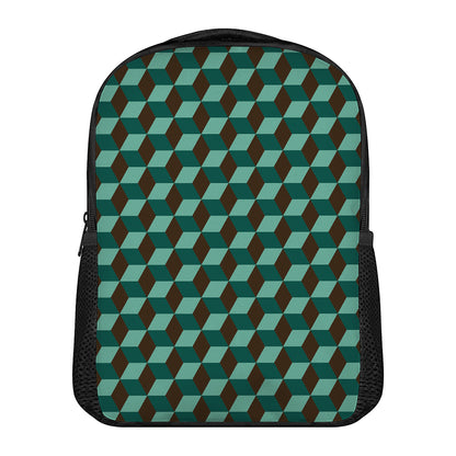 Dark Green Geometric Cube Pattern Print Casual Backpack