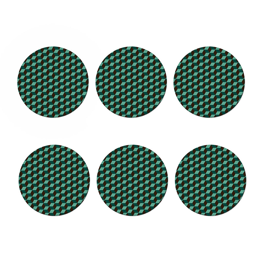 Dark Green Geometric Cube Pattern Print Coaster Set