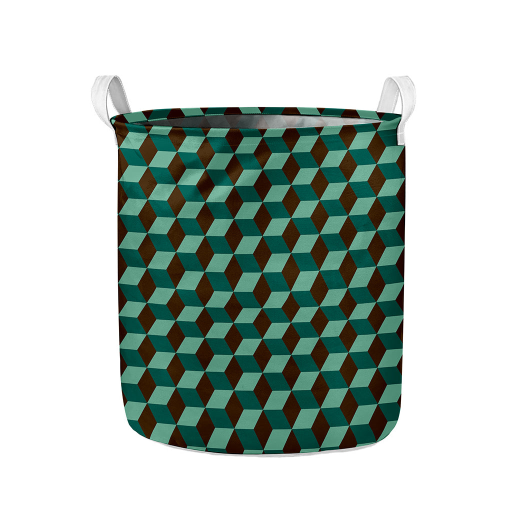 Dark Green Geometric Cube Pattern Print Collapsible Laundry Basket