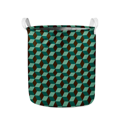 Dark Green Geometric Cube Pattern Print Collapsible Laundry Basket