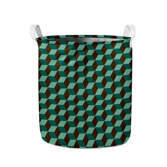 Dark Green Geometric Cube Pattern Print Collapsible Laundry Basket