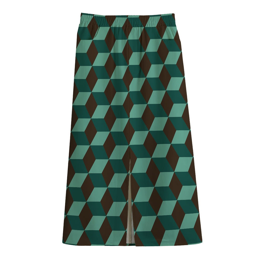 Dark Green Geometric Cube Pattern Print Cotton Front Slit Maxi Skirt