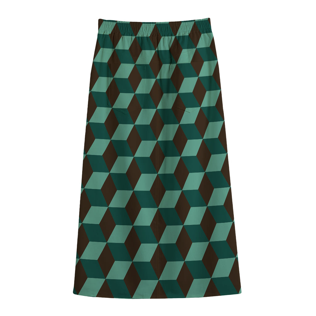 Dark Green Geometric Cube Pattern Print Cotton Front Slit Maxi Skirt