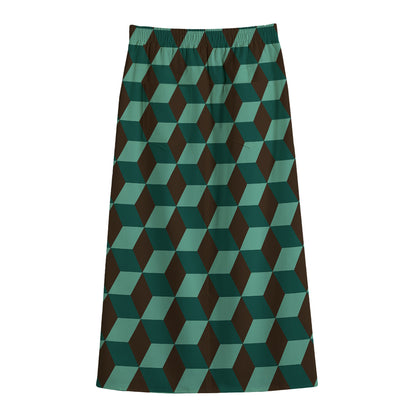 Dark Green Geometric Cube Pattern Print Cotton Front Slit Maxi Skirt