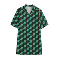 Dark Green Geometric Cube Pattern Print Cotton Hawaiian Shirt