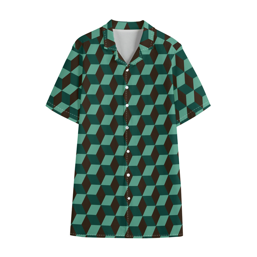 Dark Green Geometric Cube Pattern Print Cotton Hawaiian Shirt