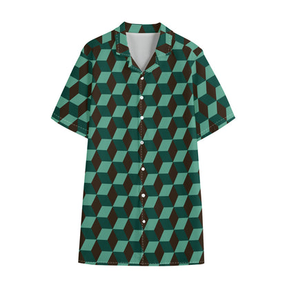 Dark Green Geometric Cube Pattern Print Cotton Hawaiian Shirt