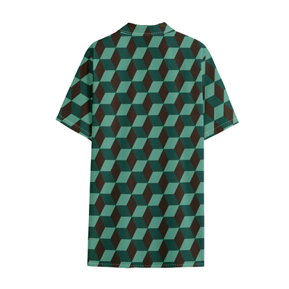 Dark Green Geometric Cube Pattern Print Cotton Hawaiian Shirt