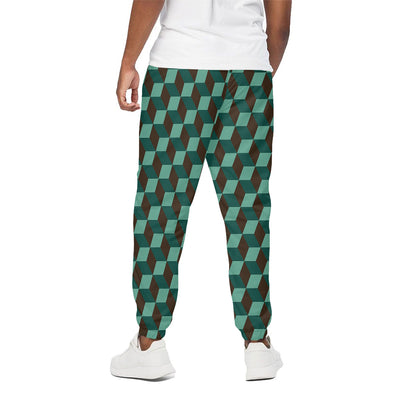 Dark Green Geometric Cube Pattern Print Cotton Pants