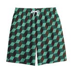 Dark Green Geometric Cube Pattern Print Cotton Shorts