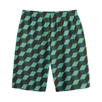 Dark Green Geometric Cube Pattern Print Cotton Shorts