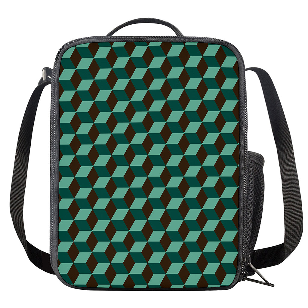 Dark Green Geometric Cube Pattern Print Crossbody Lunch Bag