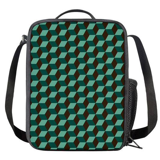 Dark Green Geometric Cube Pattern Print Crossbody Lunch Bag