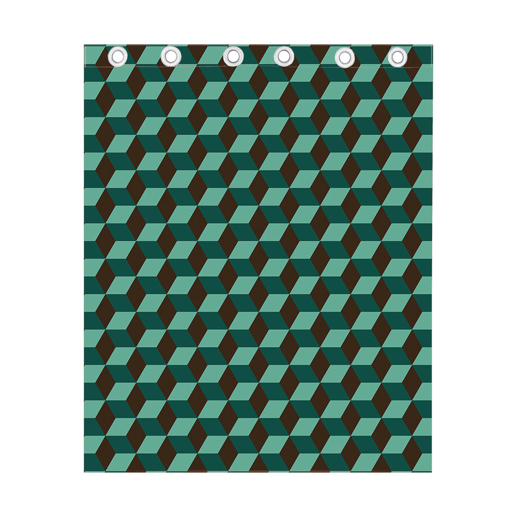 Dark Green Geometric Cube Pattern Print Curtain