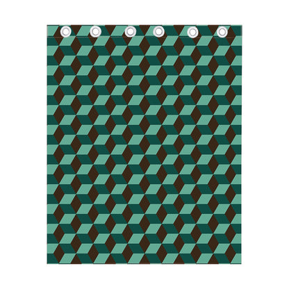 Dark Green Geometric Cube Pattern Print Curtain