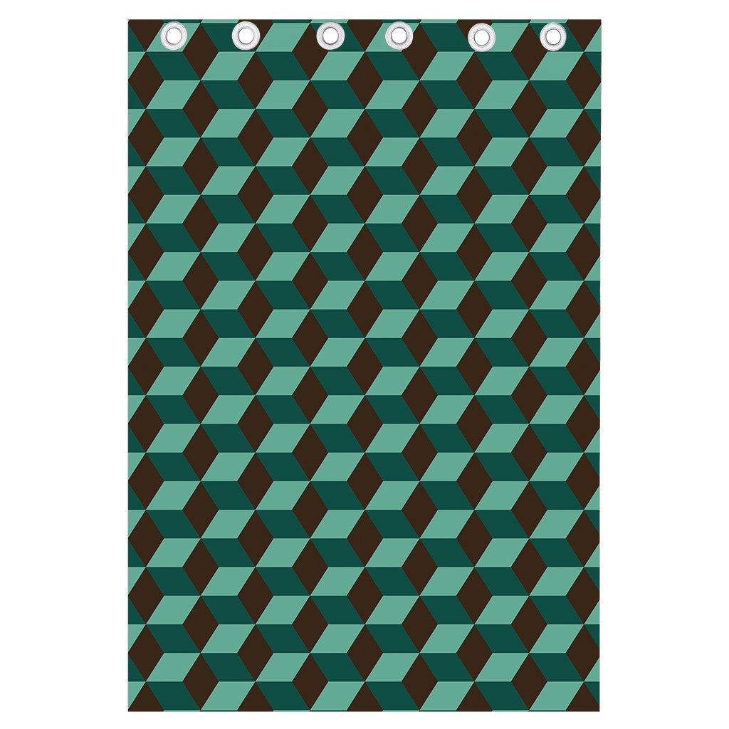 Dark Green Geometric Cube Pattern Print Curtain