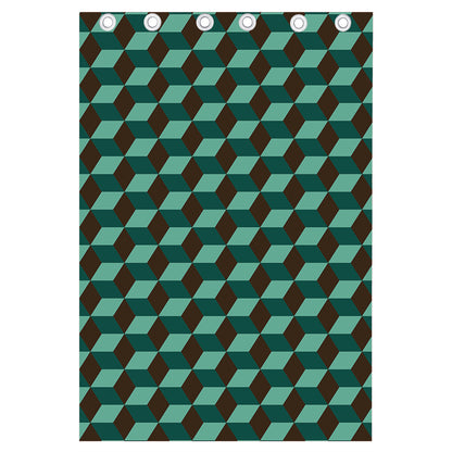 Dark Green Geometric Cube Pattern Print Curtain