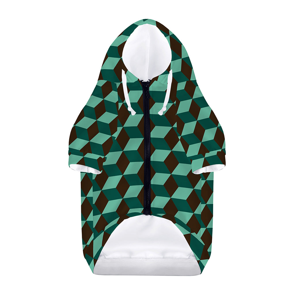Dark Green Geometric Cube Pattern Print Dog Zip Up Hoodie