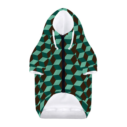 Dark Green Geometric Cube Pattern Print Dog Zip Up Hoodie