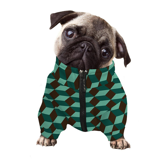 Dark Green Geometric Cube Pattern Print Dog Zip Up Jacket