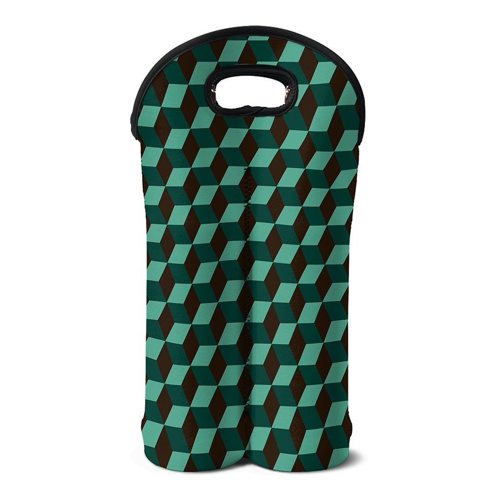 Dark Green Geometric Cube Pattern Print Double Neoprene Wine Tote