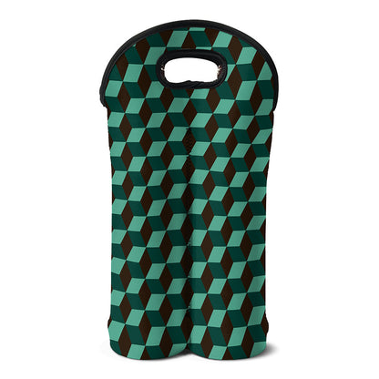 Dark Green Geometric Cube Pattern Print Double Neoprene Wine Tote